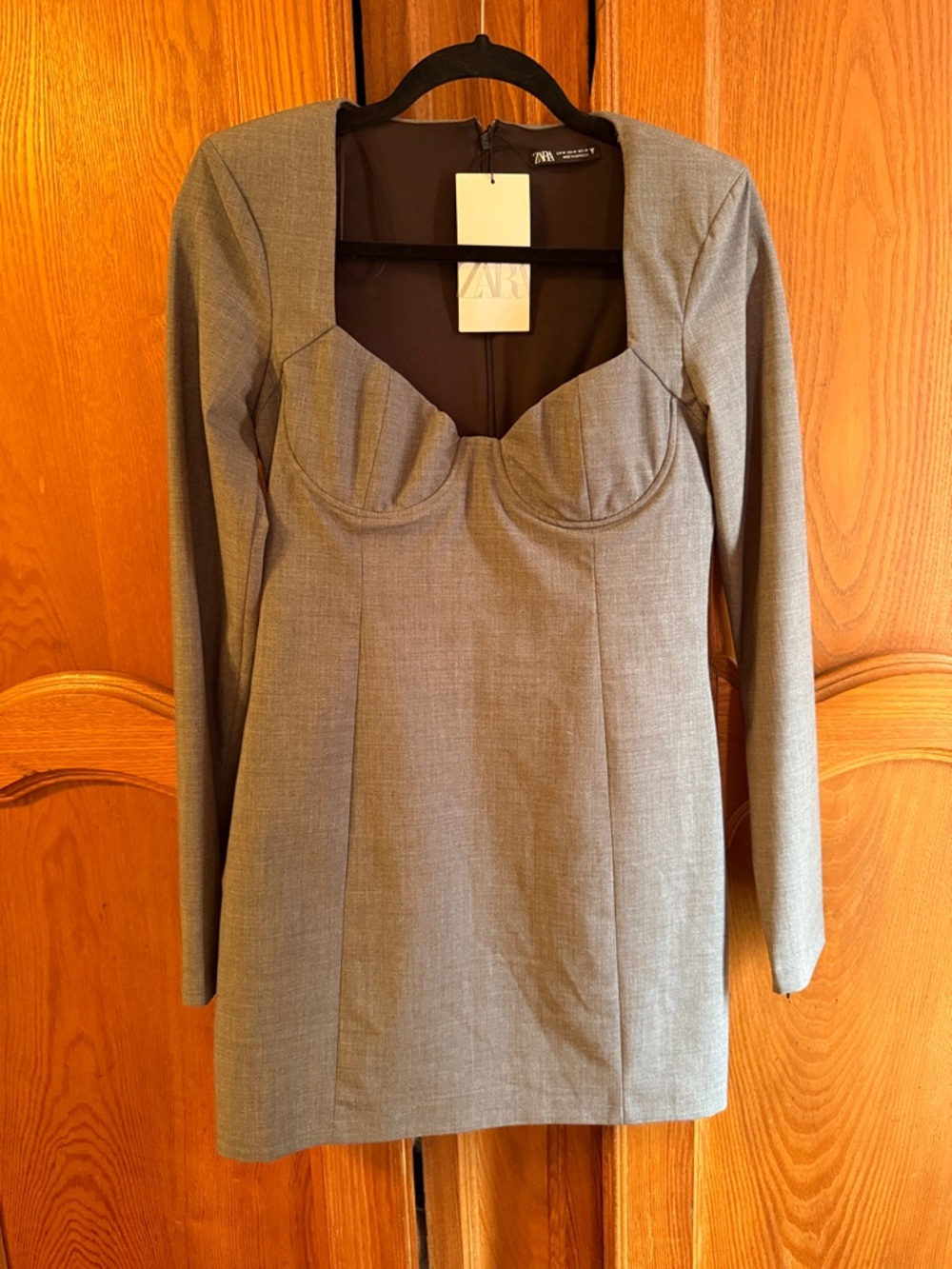 Zara Gray Structured Long-Sleeve Bustier Mini Dress
